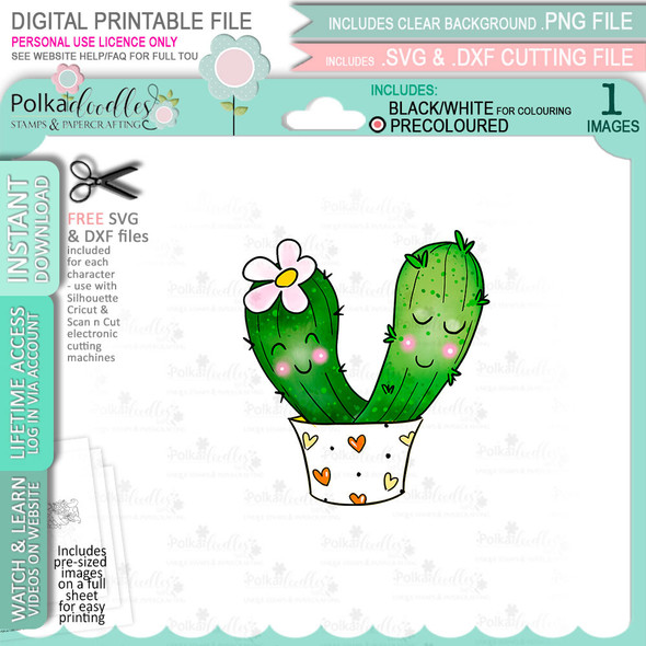 Cactus Love (precoloured) printable clipart digital stamp for cardmaking, craft & stickers