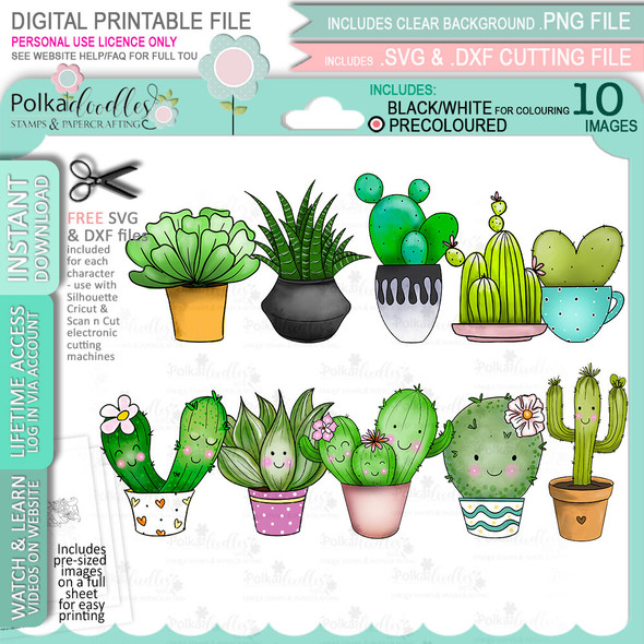 Happy Cactus Succulent bundle - (PRECOLOURED) printable clipart digital stamp for cardmaking, craft & stickers