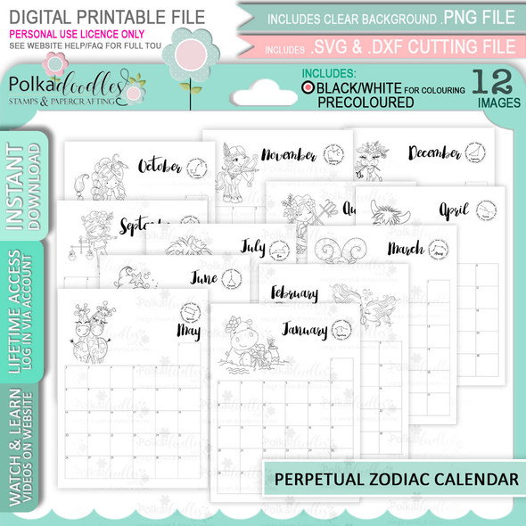 Zodiac Perpetual Calendar template - printable clipart  for cardmaking, craft, scrapbooking & stickers