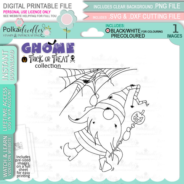 Spider Web Halloween Gnome digital stamp - printable clipart for cardmaking, craft, scrapbooking & stickers