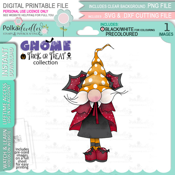 Dracula Halloween Gnome digital stamp - (COLOUR) printable clipart  for cardmaking, craft, scrapbooking & stickers