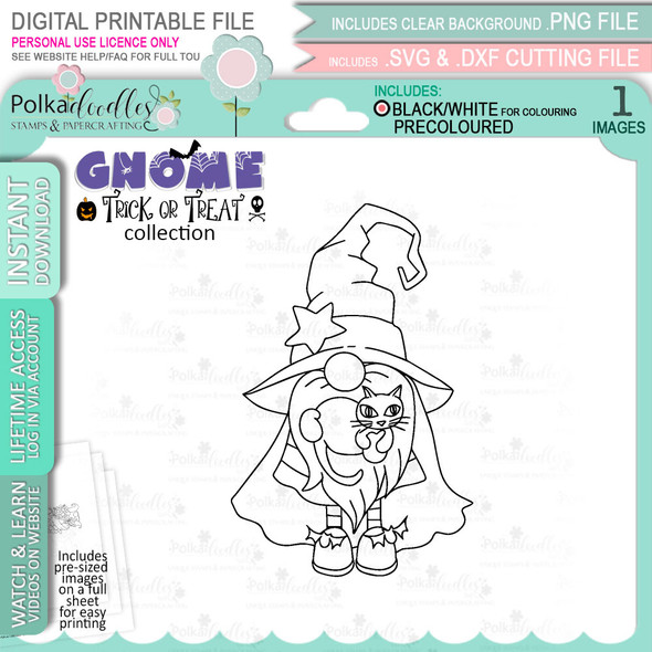 Witch with Cat Halloween Gnome digital stamp - printable clipart  for cardmaking, craft, scrapbooking & stickers