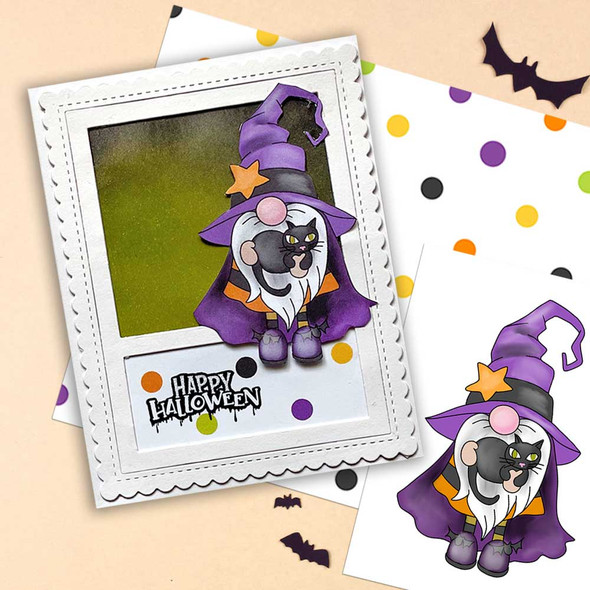 Witch with Cat Halloween Gnome digital stamp - printable clipart  for cardmaking, craft, scrapbooking & stickers