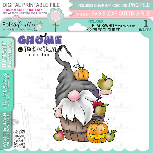 Apple Bobbing Halloween Gnome digital stamp - (COLOUR) printable clipart  for cardmaking, craft, scrapbooking & stickers