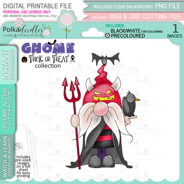Batty Devil Halloween Gnome digital stamp - (COLOUR) printable clipart  for cardmaking, craft, scrapbooking & stickers