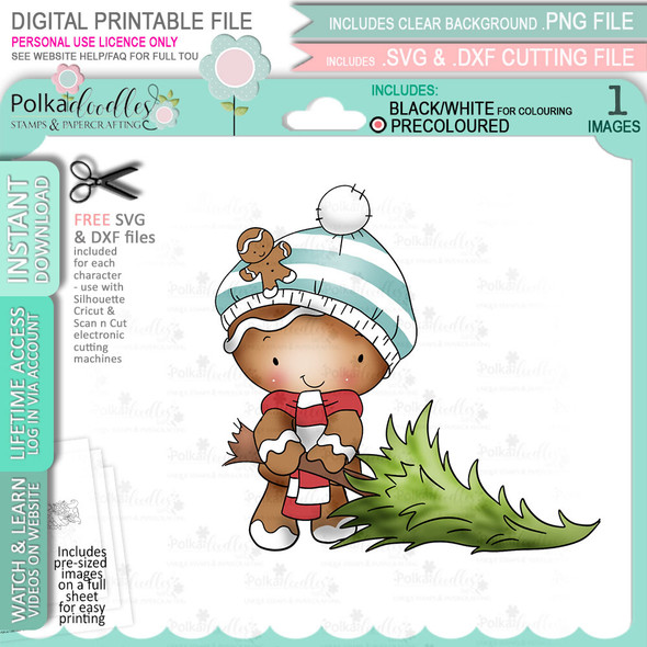 Christmas Tree Shopping - Gingerbread Holly digital stamp - (COLOUR) printable clipart  for cardmaking, craft, scrapbooking & stickers