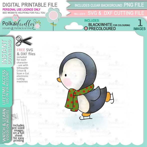 Ice Skating Theo Penguin digital stamp - (COLOUR) printable clipart  for cardmaking, craft, scrapbooking & stickers