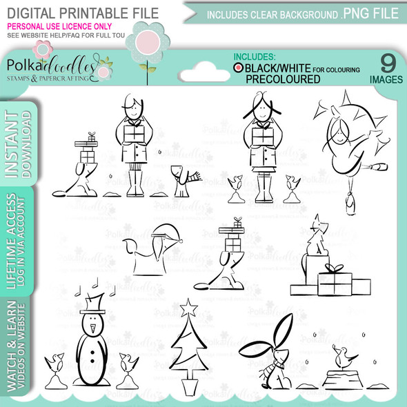 Snowy scenes bundle - Lucy Monkman 9 digital stamps - printable clipart  for cardmaking, craft, scrapbooking & stickers