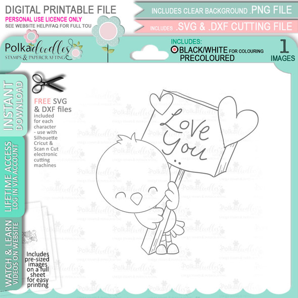 Love Bird Love You Sign Valentine - Wings of Love cute printable craft digital stamp download with free SVG /DXF files