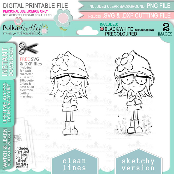 Sulky Attitude Rebel girl -  cute printable craft digital stamp craft download