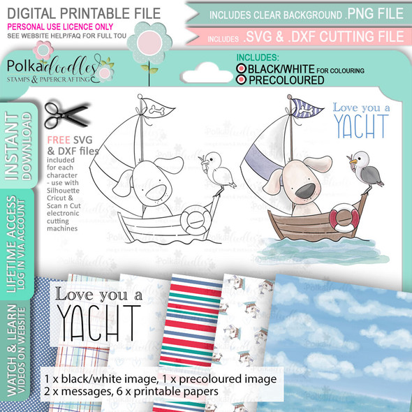 Bob the Dog in a Boat -  cute printable craft digital stamp download, SVG, papers, greeting