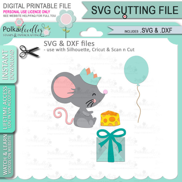 Cute Birthday Mouse SVG digital cutting file for Cricut, Silhouette, Brother ScanNCut