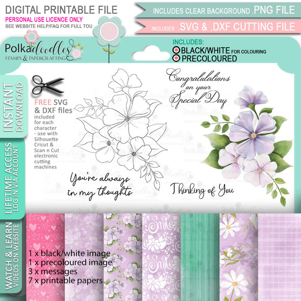 Lilac Haze watercoloured flowers -  printable craft digital stamp download, SVG, papers, greeting