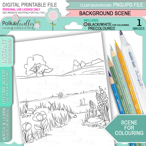 Garden river Country Scene background for colouring - printable craft digital stamp download