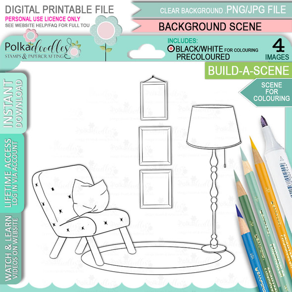Build A Scene - Room furniture background for colouring. Printable craft digital stamp download