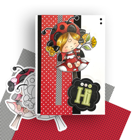 Toadstool Lily Ladybug Ladybird PRECOLOURED Cute digital stamp with SVG outlines for card making and crafting.