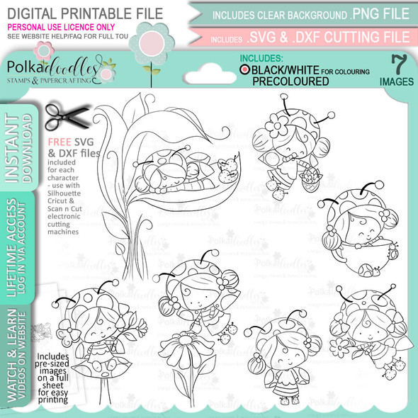 Lily Ladybug Ladybird Cute digital stamp bundle with SVG outlines for card making and crafting.