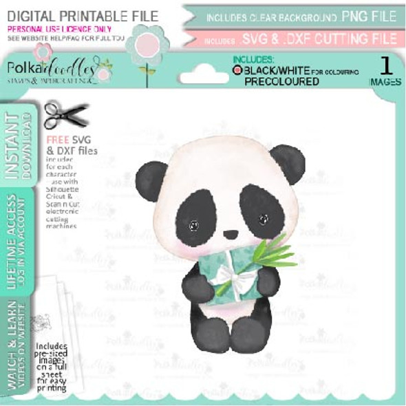 Gift parcel - Noodle Panda bear PRECOLOURED Cute printable digi stamp clipart with SVG outlines for card making, crafting, printable planner sticker