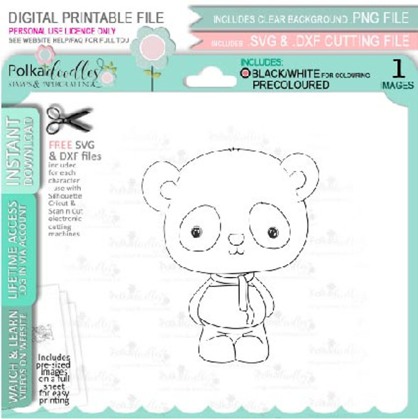 Scarf - Noodle Panda Bear Cute printable digital stamp with SVG outlines for card making, crafting, printable planner sticker.