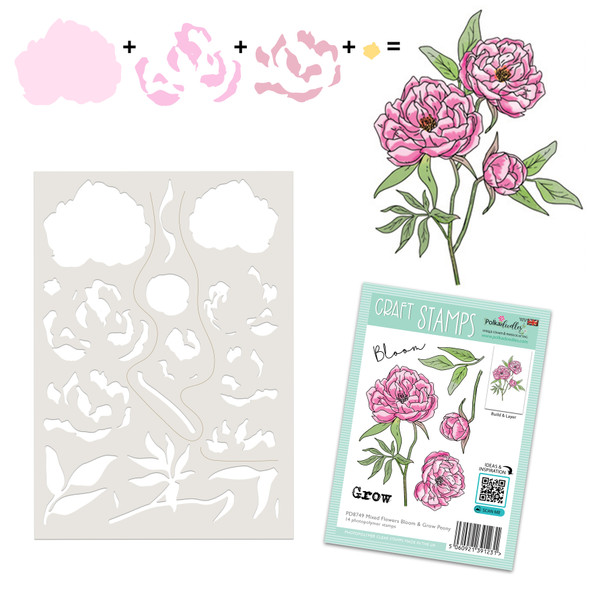Peony Bloom and Grow Flowers Colour & Create craft card making Stencil