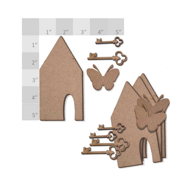 Butterfly, keys, Houses - laser cut MDF shape pack for card making and craft