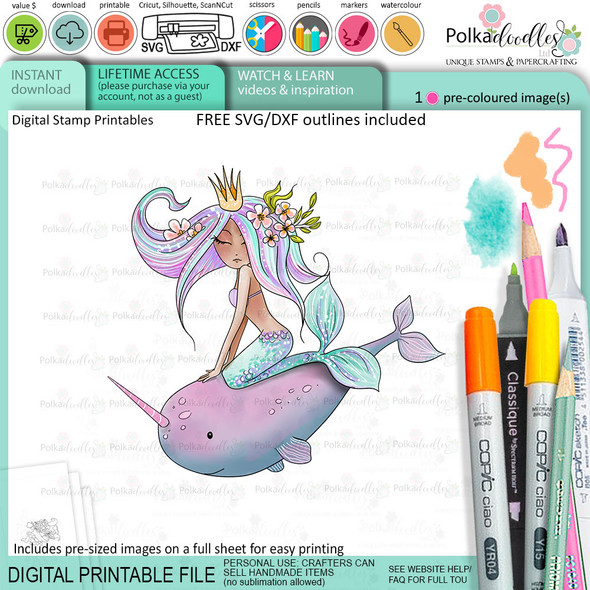 Narwhal whale - Coral Mermaid printable card making craft digital stamp with SVG outline - PRECOLOURED