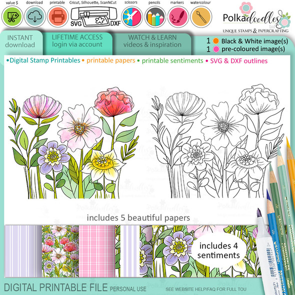 Flower Meadow printable card making craft digital stamp download