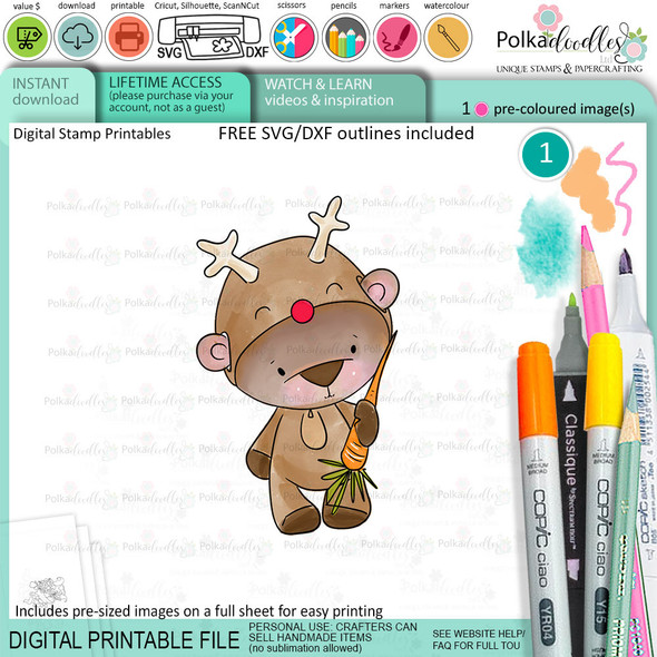 Reindeer dress up Bella Christmas bear - colour clipart printable stamp craft card making digital stamp download