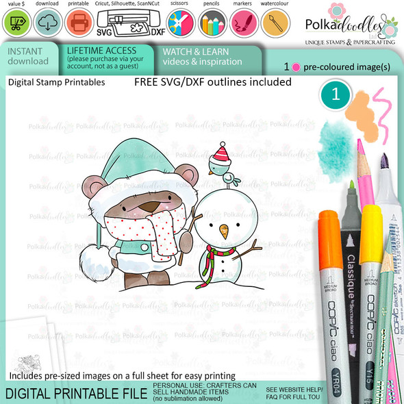 Snowman Bella Christmas bear - colour clipart printable stamp craft card making digital stamp download