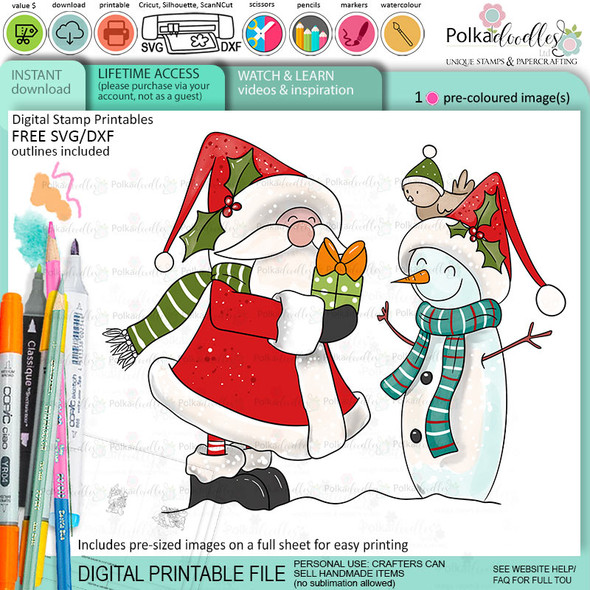 Santa Snowman gift - Christmas cute colour clipart printable digital stamp for card making, craft, scrapbooking, printable stickers