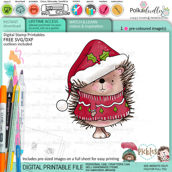 Pickles Hedgehog jumper sweater - Christmas cute colour clipart printable digital stamp for card making, craft, scrapbooking, printable stickers