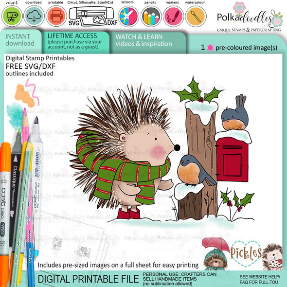 Pickles Hedgehog snowy birds - Christmas cute colour clipart printable digital stamp for card making, craft, scrapbooking, printable stickers