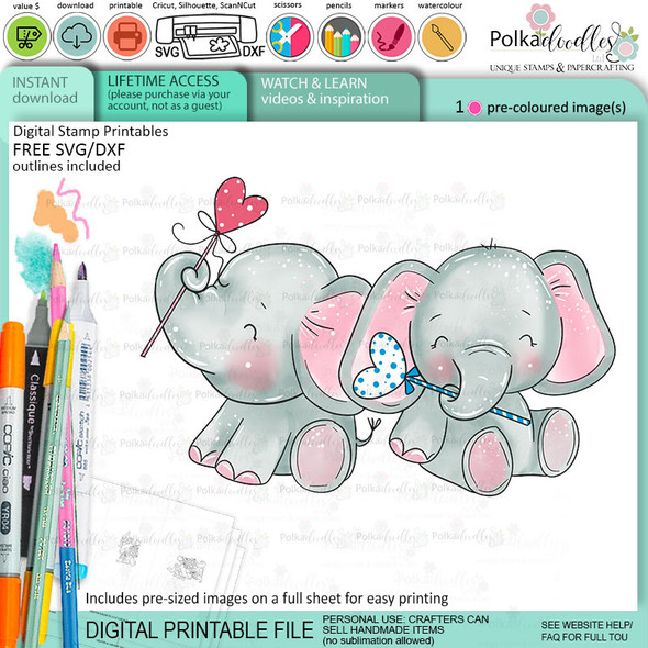 Two Hearts elephant colour clipart printable digital stamp for card making, craft, scrapbooking, printable stickers
