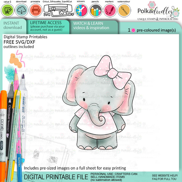 Cute elephant colour clipart printable digital stamp for card making, craft, scrapbooking, printable stickers