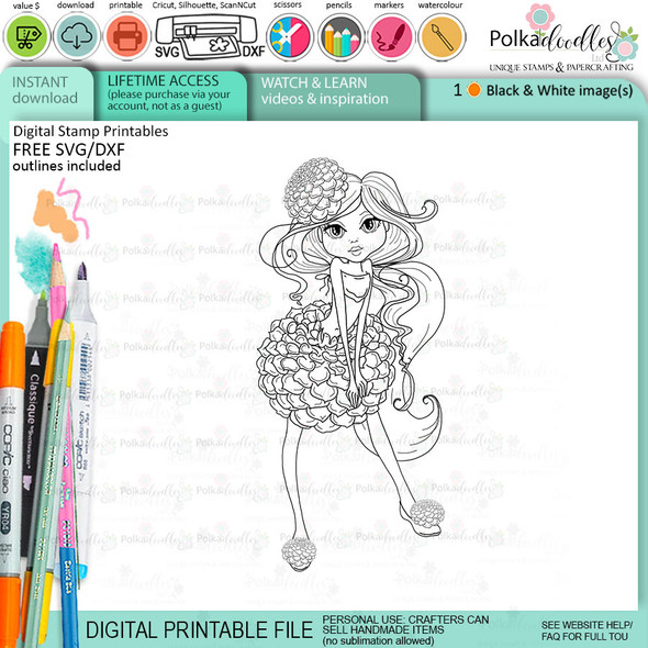 Dahlia flower girl Darling Buds - printable digital stamp for card making, craft, scrapbooking, printable stickers