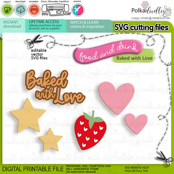 Baked with Love Strawberry Food, Drink, Kitchen SVG cutting files - cricut silhouette cutting file printable digital SVG waffles food kitchen colour clipart craft card making scrapbook sticker.