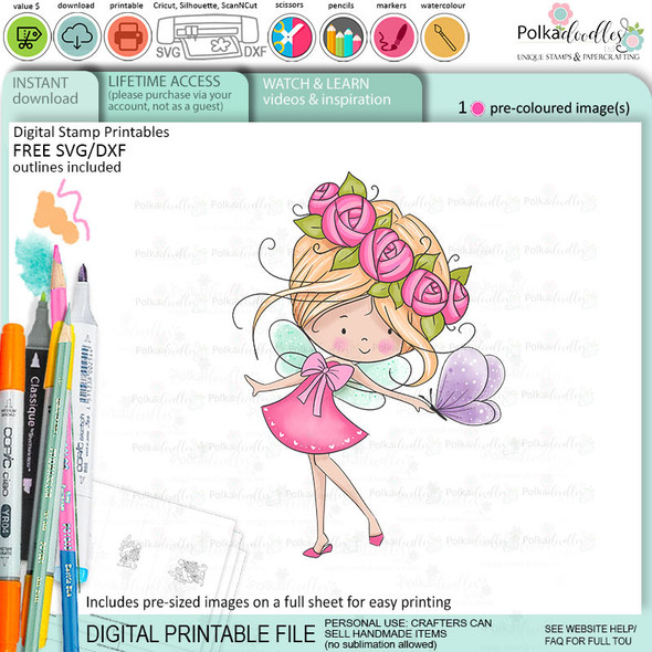 Butterfly Fairy Winnie Daisy printable precoloured clipart card making crafts scrapbooking sticker with SVG print and cut outline