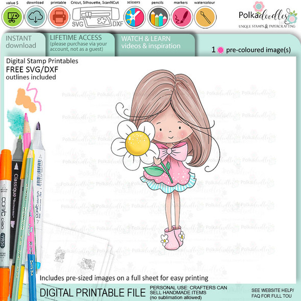 Flower Fairy Winnie Daisy printable precoloured clipart card making crafts scrapbooking sticker with SVG print and cut outline