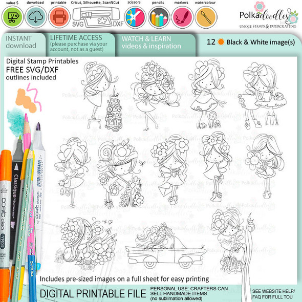 Winnie Daisy Fairy 2 printable digital stamp bundle - colouring card making crafts scrapbooking sticker with SVG print and cut outline