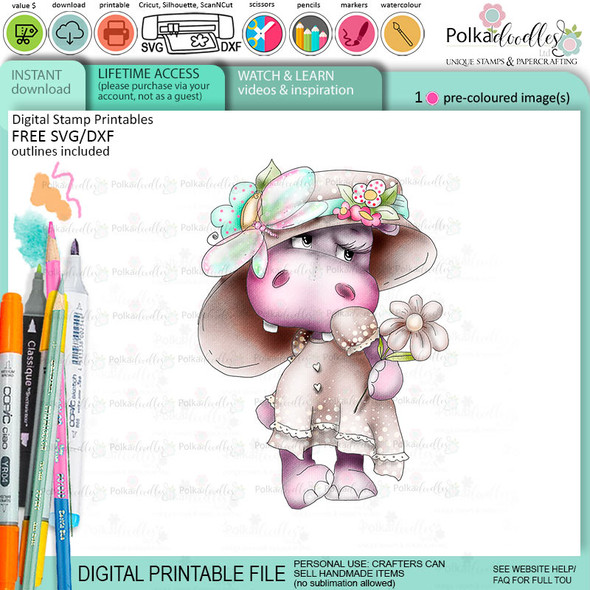 Blushing cute Helga Hippo printable precoloured clipart card making crafts scrapbooking sticker with SVG print and cut outline