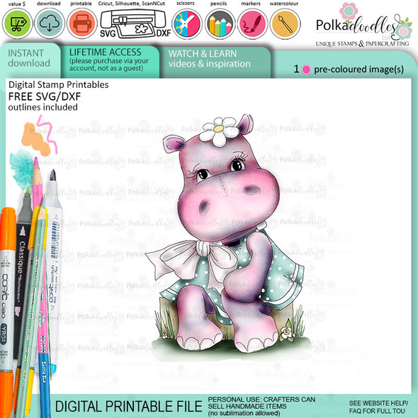 Sitting pretty cute Helga Hippo printable precoloured clipart card making crafts scrapbooking sticker with SVG print and cut outline