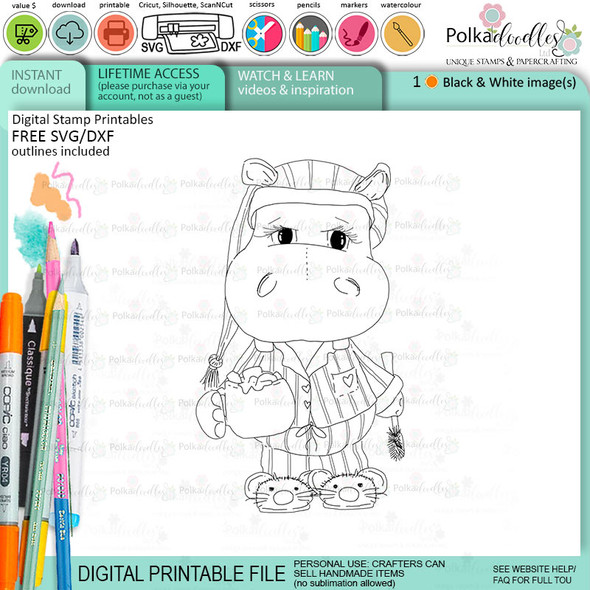 Bedtime pyjamas cute Helga Hippo printable digital stamp - card making crafts scrapbooking sticker with SVG print and cut outline