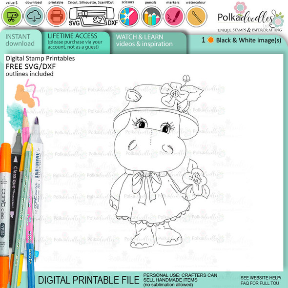 Flower girl cute Helga Hippo printable digital stamp - card making crafts scrapbooking sticker with SVG print and cut outline