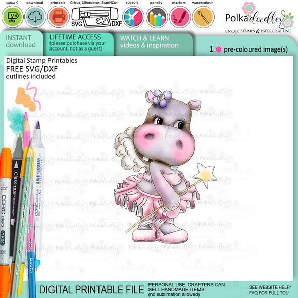 Fairy Ballerina tutu cute Helga Hippo printable precoloured clipart card making crafts scrapbooking sticker with SVG print and cut outline