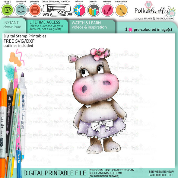 Hello cute Helga Hippo printable precoloured clipart card making crafts scrapbooking sticker with SVG print and cut outline