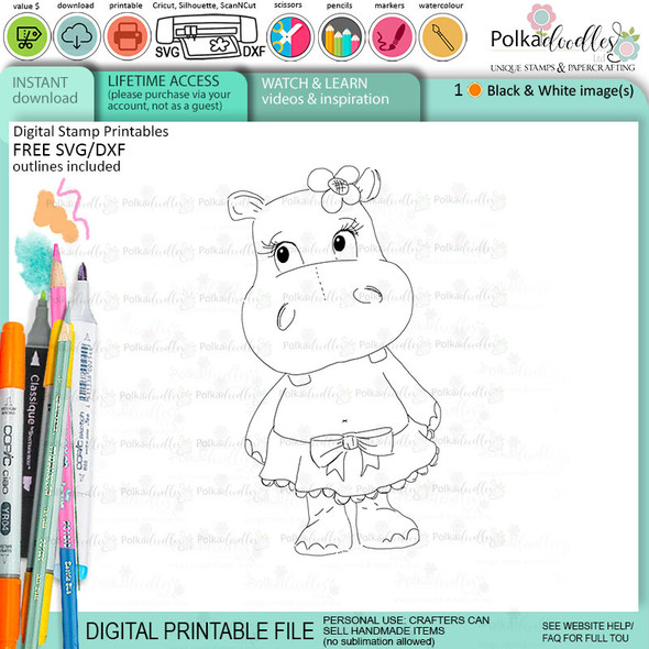 Hello cute Helga Hippo printable digital stamp - card making crafts scrapbooking sticker with SVG print and cut outline