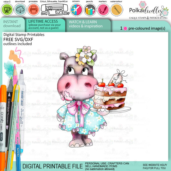 Birthday cake cute Helga Hippo printable precoloured clipart card making crafts scrapbooking sticker with SVG print and cut outline