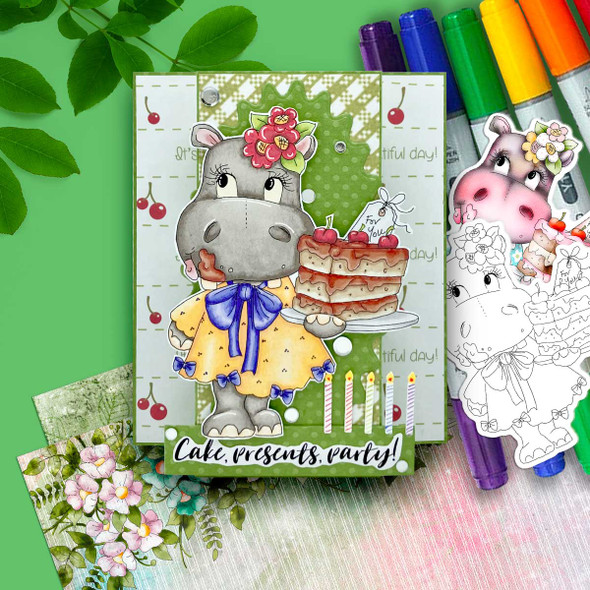 Birthday cake cute Helga Hippo printable precoloured clipart card making crafts scrapbooking sticker with SVG print and cut outline