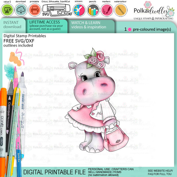 Pretty Pink Handbag cute Helga Hippo printable precoloured clipart card making crafts scrapbooking sticker with SVG print and cut outline