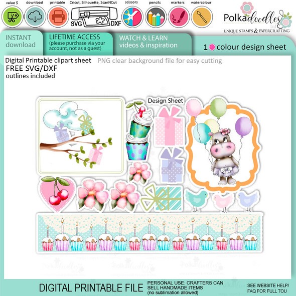 Helga Hippo Quick & easy design sheet template 3. Cute Print and Cut SVG Files for Cricut Silhouette Scan and Cut machines – for handmade cards, cardmaking, crafts